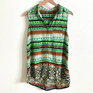 New Directions Green Tribal Print Button Front Sleeveless Blouse Women's Small